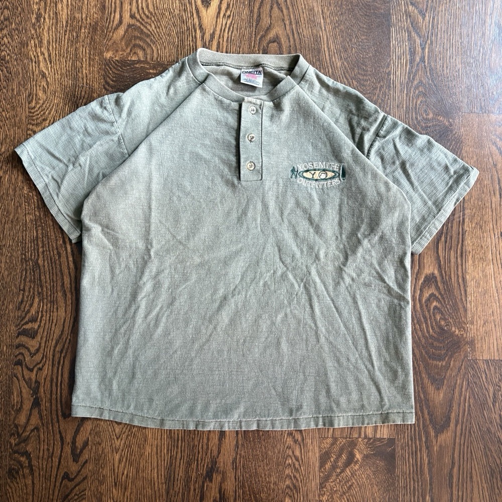 Vtg 90s Oneita Heavyweight Striped Henley Tee L Sage Green Yosemite Outfitters
